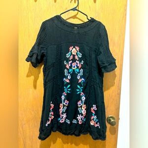 Black embroidered floral mini dress